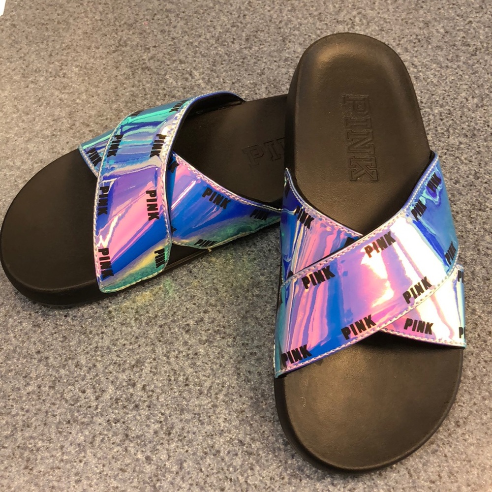 Iridescent Victoria Secret Pink slip on sandals